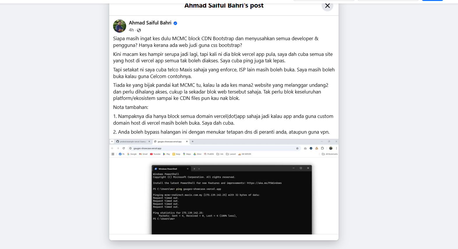 Ahmad Saiful Bahri's Original Facebook Post